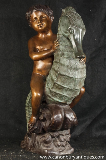 Französisch Bronze Cherub Sea Horse Statue Teich Figurine Boy Casting