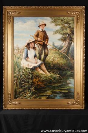 Große viktorianische Ölgemälde Kindern Angeln Potrait Gilt Frame