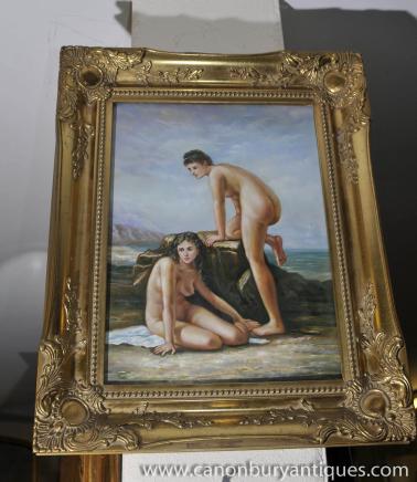 Italienisch Ölgemälde Pair Nude Female Portraits Gilt Frame