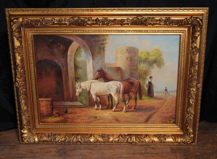 Unterzeichnet viktorianischen Ölgemälde Pferd Pferdeszene Gilt Frame