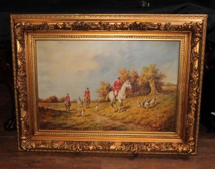 Unterzeichnet Ölgemälde Englisch Jagdszene Fox-Jagd ländliche Landschaft Kunst G. Roy