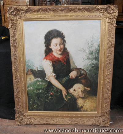 Viktorianischen Ölgemälde Pastoral Potrait Mädchen-Schafe Gilt Frame