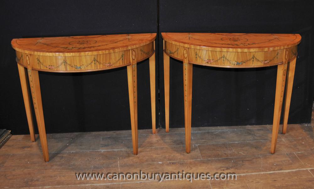 Pair Hepplewhite Demi Lune Console Tables Painted Satinwood