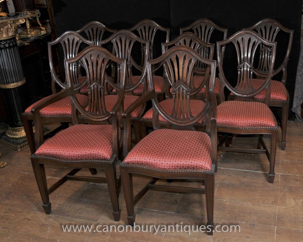 Set 10 Mahagoni Hepplewhite Dining Chairs Diners Arm Chair