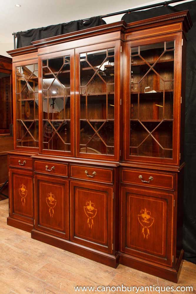 Regency Mahagoni Breakfront Bücherregal Sheraton Inlay Bücherregale