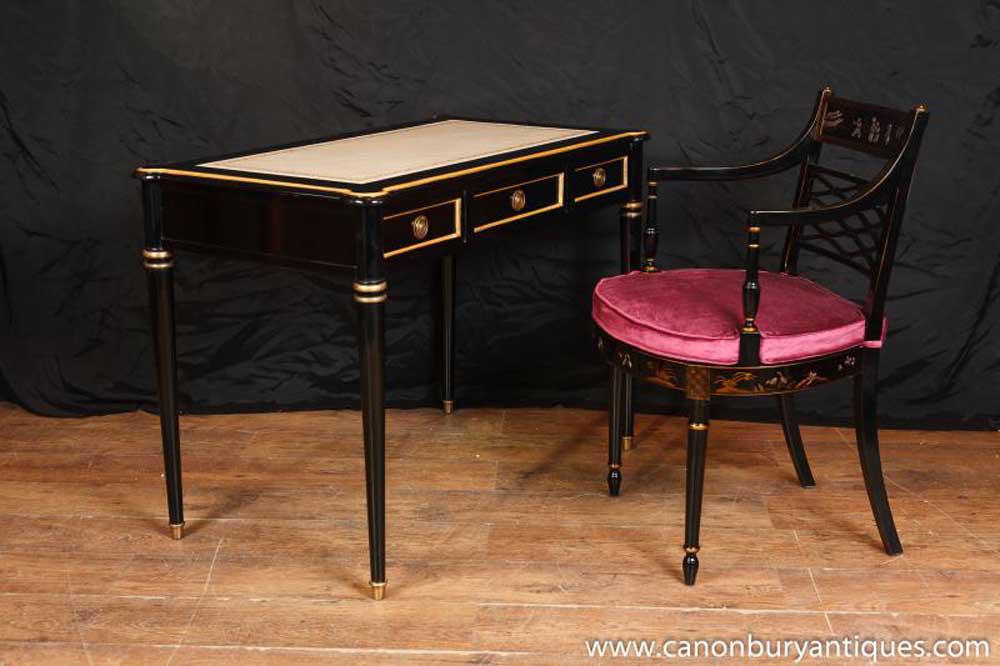 Regency Black Lacquer Schreibtisch und Chinese Chair Set Chinoiserie