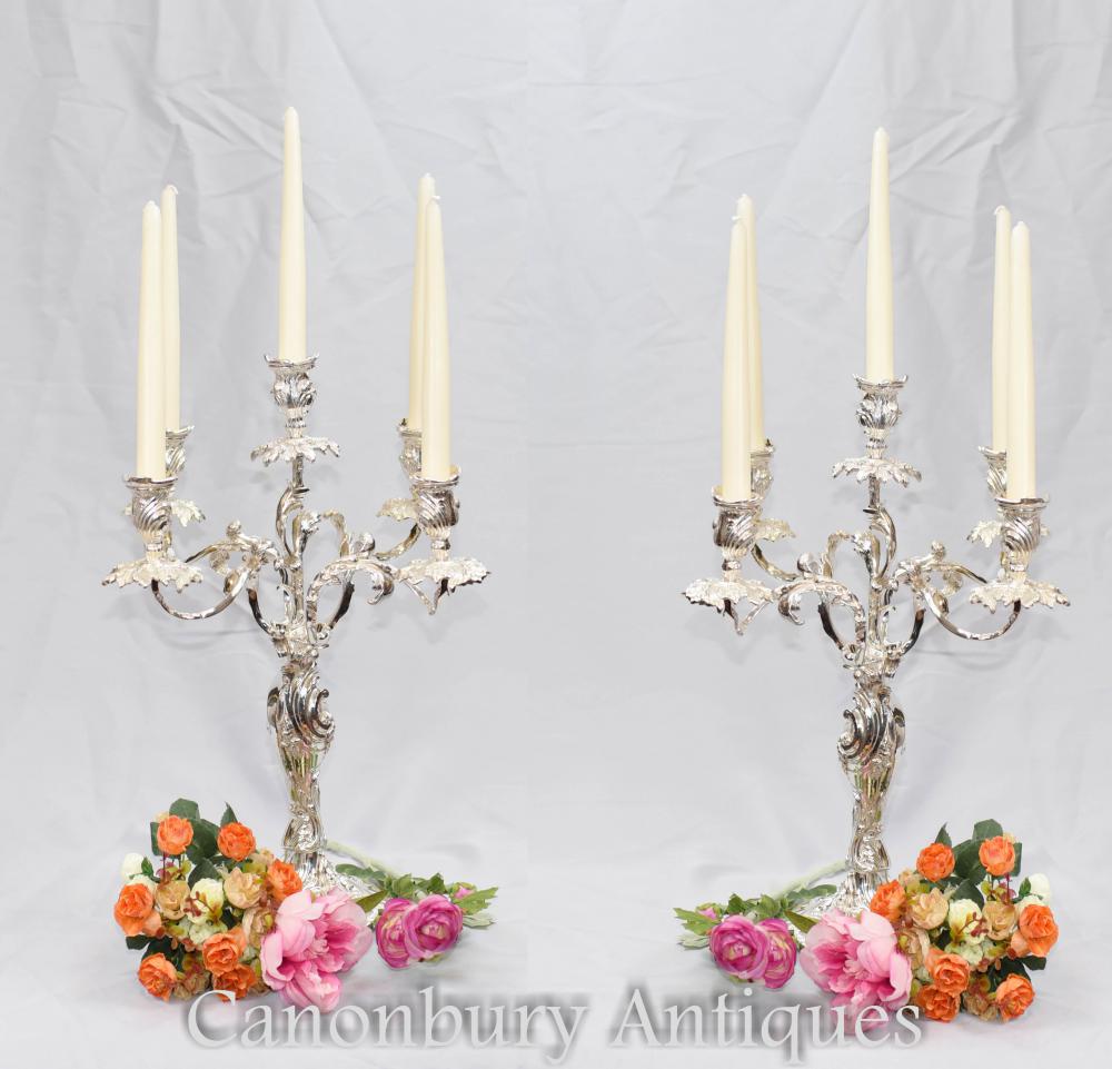 Paar viktorianische Silberplatte Rococo Candelabras