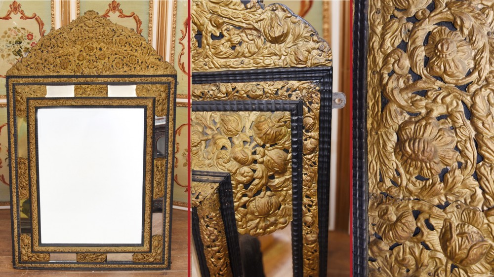 Antiker französischer Kissenspiegel mit Metallhalterungen um 1880