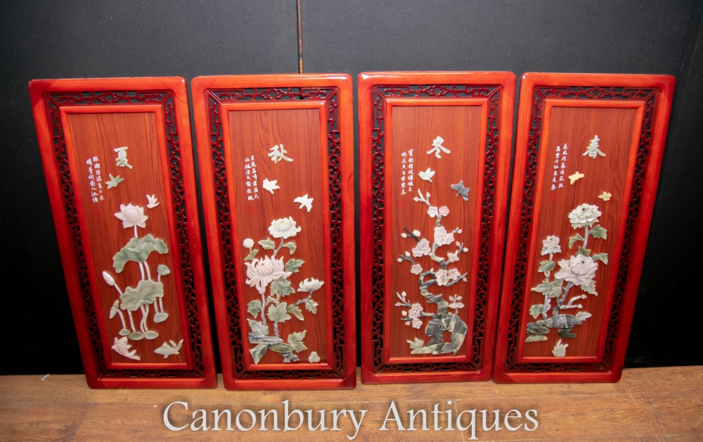 Set Chinesische Tafeln Placques - Hartholz Speckstein Blumendekoration 