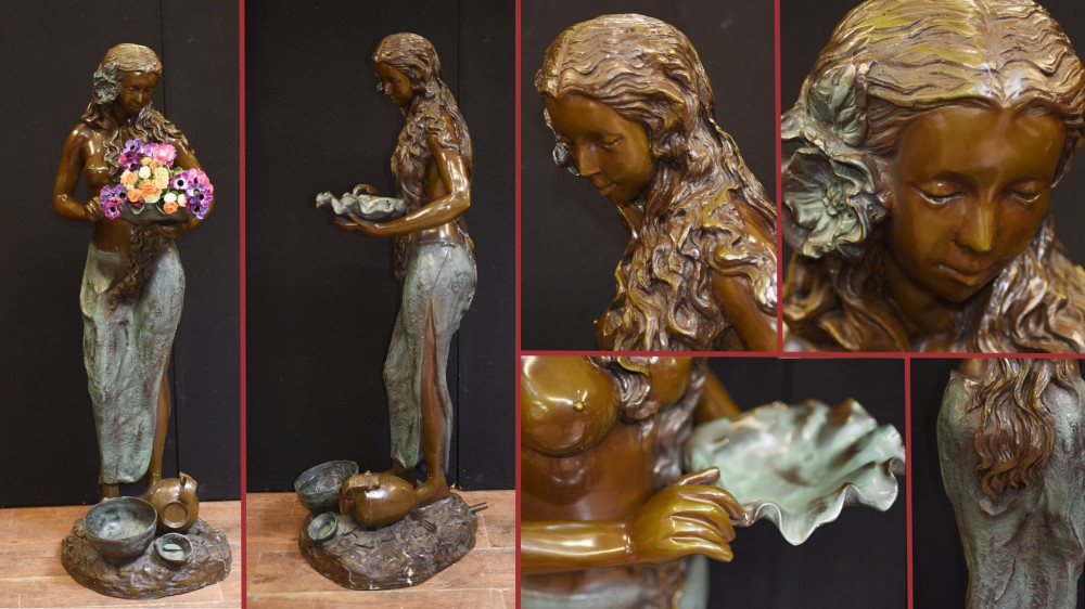 Bronzene Jungfrauen-Brunnenstatue – halbnackte weibliche Wasserfigur