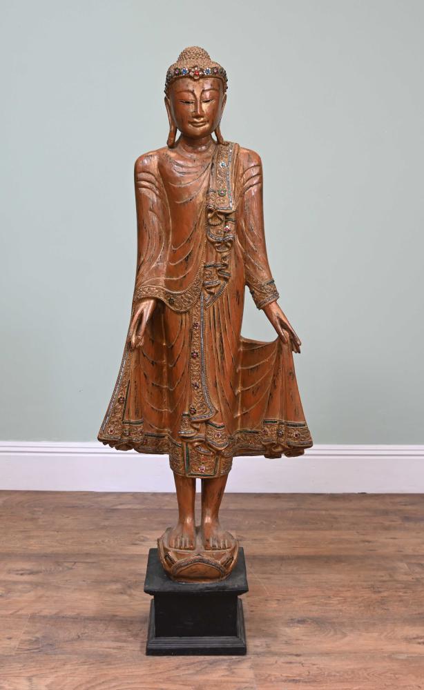 Geschnitzte thailändische Buddha-Statue, stehend, geschnitzt, buddhistisch 