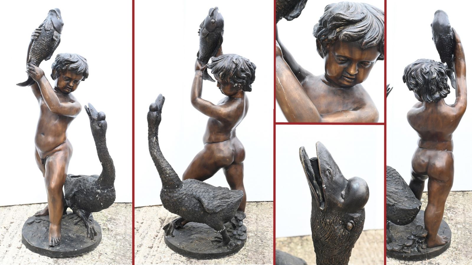 Klassische Gartenstatue aus Bronze mit Cherub, Brunnen, Fisch und Gänsen