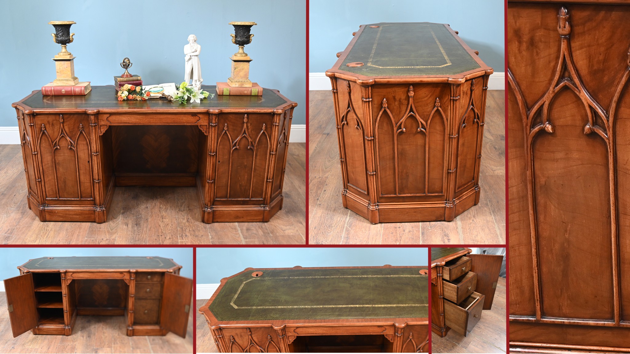  Englischer gotischer Schreibtisch, Nussbaumholz, Pugin