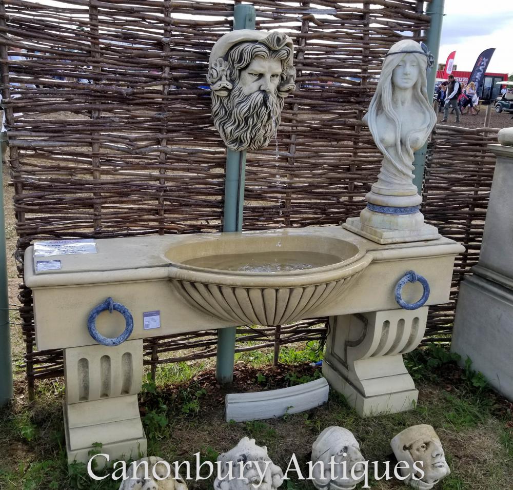 Englischer Steinwassertrog-Wandbrunnen Neptunes Head