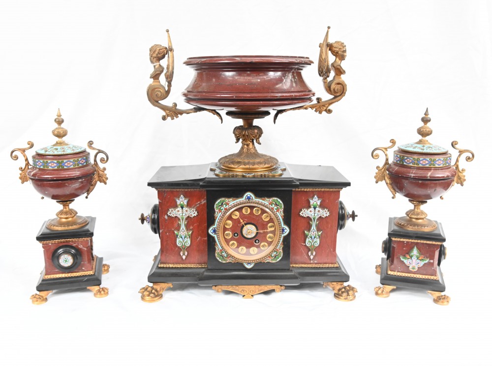 Französisches Cloisonné-Marmor-Uhrenset, Garnitur, ästhetisches Marmorwerk