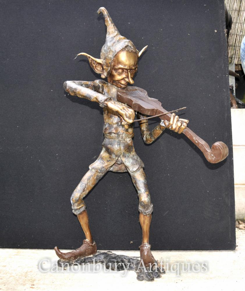  Große Bronzestatue eines Pixie-Geigenspielers, Pixie-Elfen-Skulptur