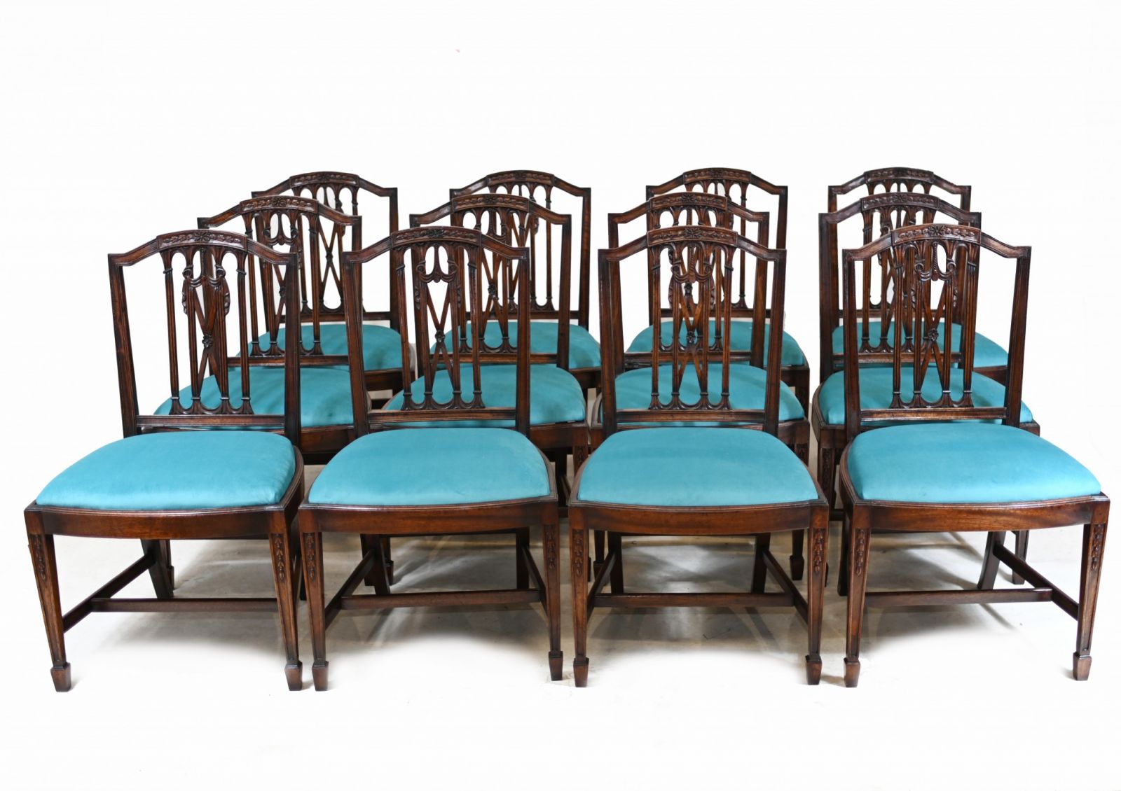 12er-Set Hepplewhite-Esszimmerstühle aus Mahagoni, 1890